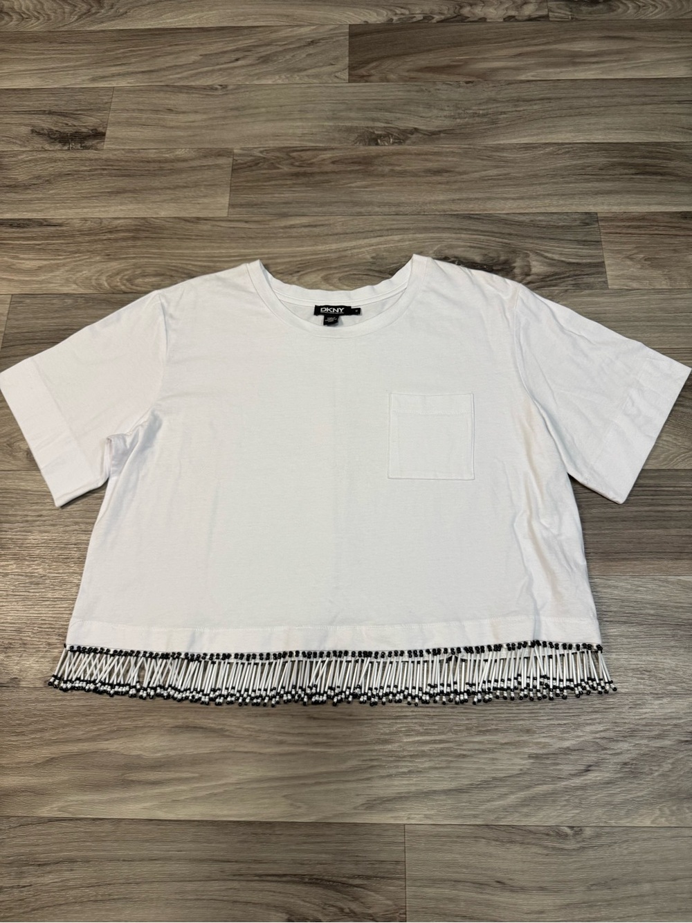 DKNY Crewneck Cropped Boxy T-Shirt with Breaded Fringe Hem Size Medium